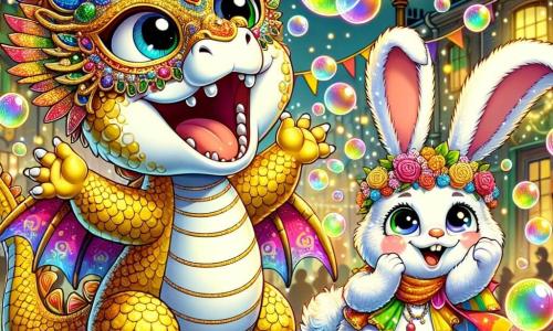 Un piccolo drago con squame scintillanti dai colori vivaci, con grandi occhi brillanti di gioia, indossa una magnifica maschera dorata decorata con paillettes. Sta facendo volare bolle di sapone colorate intorno a sé, ridendo di felicità. Accanto a lui, un adorabile coniglio con grandi orecchie e pelliccia bianca, vestito da clown con motivi multicolori, salta di gioia applaudendo, il suo viso radioso di eccitazione. Un saggio gufo, con una corona di fiori e un costume da principessa, li osserva con un sorriso benevolo, seduto su un ramo d'albero, ammirando la magia che si svolge. La scena si svolge in una strada animata di un villaggio festoso, decorata con ghirlande colorate e lanterne scintillanti, dove i bambini ridono e ballano, creando un'atmosfera gioiosa e vibrante. Il drago, circondato dai suoi amici, crea una pioggia di bolle multicolori che fluttuano nell'aria, illuminando il carnevale di magia e felicità.
