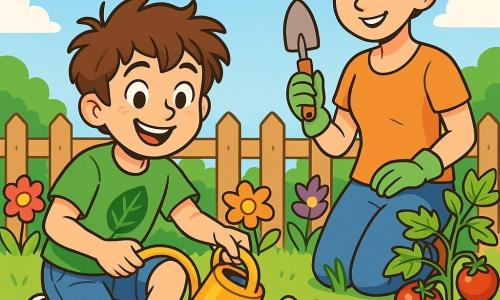 Un ragazzo di 10 anni, di nome Luca, con capelli castani in disordine e occhi pieni di curiosità, è accucciato nel suo giardino soleggiato, sorridendo con orgoglio mentre annaffia le piante. Indossa una maglietta verde brillante con un motivo a foglia e pantaloni corti di denim. Accanto a lui, sua madre, una donna di circa 35 anni con capelli castani raccolti in un chignon e un sorriso caloroso, tiene una piccola pala, pronta a piantare semi. Si trova leggermente indietro, osservando Luca con ammirazione. Il giardino è pieno di fiori colorati, verdure verdi e frutti succosi, circondato da recinzioni in legno e da un cielo blu splendente. La scena principale mostra Luca mentre si prende cura del suo piccolo orto, illustrando la sua passione per l'ecologia e il suo impegno a coltivare cibo in modo sostenibile.