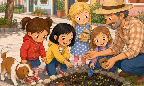 Hay seis personajes: Martina, 6 años, pelo castaño en coletas, chaqueta roja, tímida, sujeta la mano de Sofía (centro izquierda); Sofía, 7 años, pelo negro corto, chaqueta amarilla, sonriente y valiente, sujeta la mano de Martina (centro); Valentina, 6 años, pelo rubio trenzado, vestido de lunares, curiosa con una bolsita de semillas (derecha de Sofía); Lucía, 6 años, pelo castaño claro, riendo suavemente y sujetando una pala de plástico (izquierda de Martina); el señor Ramón, ~45 años, barba gris, sombrero de paja y camisa a cuadros, agachado junto al parterre ofreciendo una caja de semillas (centro derecha); Coco, perro pequeño marrón y blanco, olfatea y lame una mano (primer plano izquierda). Escena en una calle residencial soleada con acera clara, parterre de tierra y casas coloridas; los cuatro niños ayudan al señor Ramón a plantar semillas: cavan con palas de colores, echan tierra y riegan con una regadera verde; ambiente cálido, colores pastel y sonrisas que ganan confianza.