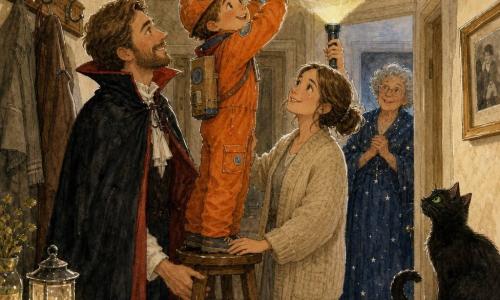 An 8-year-old boy, focused and joyful, round freckled face and tousled light brown hair, wearing a bright orange astronaut suit and a smiling pumpkin paper helmet, stands on a wooden stool and sticks a large phosphorescent comet-shaped star to the ceiling; a gentle encouraging mother (about 35) with tied brown hair and a cream cardigan holds a flashlight illuminating the ceiling from the boy’s right; an amused protective father (about 37) with a short beard and a slightly rumpled vampire cape steadies the stool with one hand and smiles from the left; Mrs. Silver (about 70), amazed and kind, gray curly hair, in a long navy dress dotted with silver stars, stands in the hallway doorway with hands clasped watching; a black cat with green eyes sits on a low dresser, tail curled, observing; the setting is a warm old interior hallway with slightly textured cream walls, a wooden coat rack, a framed black-and-white photo, a small table with a glass lantern, dark parquet floor and a narrow geometric runner; the moment is intimate and luminous as the family places a glowing comet on the ceiling to guide nighttime steps, with soft flashlight light and stickers beginning to emit a pale green halo, cozy atmosphere, warm colors, watercolor textures and white gel-pen highlights for star reflections.