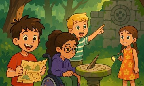 There are four children: **Alex**: an 11-year-old boy with messy brown hair and sparkling curious eyes. He wears a red t-shirt and blue shorts, holding a treasure map with a big smile on his face. **Mia**: an 11-year-old girl with long curly hair tied in a ponytail. She is in a wheelchair decorated with colorful stickers, wearing a purple hoodie and glasses. She is carefully examining the map with a focused expression. **Ethan**: a 10-year-old boy with blond hair and green eyes, dressed in a striped t-shirt and khaki shorts. He stands pointing at an ancient stone wall, looking excited and ready to solve the mystery. **Lily**: a 10-year-old girl with brown hair in braids, wearing a floral dress and sandals. She is slightly back, watching the group with a look of wonder, holding a small flashlight. The main setting is an ancient secret garden hidden atop a hill, surrounded by tall trees with lush green leaves. In the center, an old stone sundial covered in moss is surrounded by colorful wildflowers, while rays of sunlight filter through the branches, creating a magical and mysterious atmosphere. The main situation shows the children discovering the secret garden, amazed by its beauty, as Alex holds the treasure map, Mia examines the sundial, Ethan points at a mysterious symbol on the stone wall, and Lily lights up the scene with her flashlight, all united in their quest for adventure and discovery.