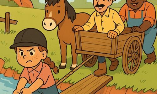 De hoofdpersoon is een jonge vrouwelijke ruiter met rond, door de zon gevlekt gezicht en een bruine vlecht, vastberaden blik; ze trekt stevig aan een stevige touw. Peper is een klein bruin paard met wit neusje en zachte ogen, rustig naast haar met hoeven in de aarde. Sheriff Jo, een volwassen man met dunne snor en cowboyhoed, staat rechts en helpt de kar te begeleiden. De boer, een forse man van ongeveer 40 jaar met rood gezicht, duwt de kar van achteren en ziet opgelucht. Het decor is een smalle heldere rivier met grasoevers, een schuine houten plank en een oude gebroken houten afrastering, roodachtige rotsen en prairie onder een pastelkleurige lucht. De hoofdscène toont het meisje dat het aan een paal vastgemaakte touw vasthoudt terwijl de houten kar langzaam over de wiebelige plank glijdt; de touwspanning is zichtbaar, het hele dorp houdt de adem in, sfeer van saamhorigheid en eenvoudige moed.