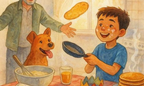 Um menino de 10 anos, cabelo castanho curto, manchas de farinha no rosto e na camisa azul, expressão radiante e orgulhosa, virando uma panqueca dourada numa pequena frigideira à altura da mesa; um homem adulto (pai, cerca de 40 anos), cabelo grisalho, barba curta, olhos marejados de alegria, de pé junto à mesa abrindo os braços para um abraço e olhando para o menino; um cão médio chamado Lulu, pelo ruivo, língua de fora, sentado ao lado do menino e olhando animado para a frigideira; cozinha pequena e iluminada, azulejos claros, mesa de madeira clara com toalha xadrez vermelha, tigela de massa com batedor, tigela de farinha caída, copo de suco de laranja, raios de sol matinais por uma janela com cortina leve; cena do café da manhã surpresa com pilha de panquecas douradas num prato, coroa de papel colorida ao lado, vapor leve, atmosfera calorosa e doméstica; estilo aquarela suave, cores pastéis, traços delicados e textura de papel visível.