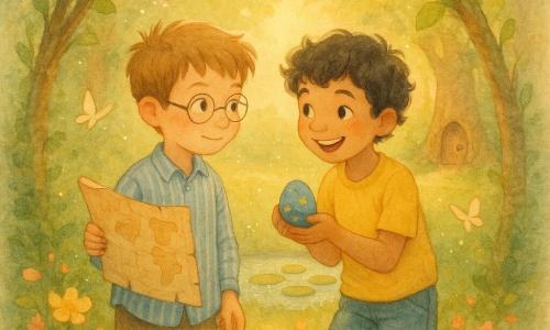 Dois personagens principais: Tomás, 9 anos — cabelos castanho-claro curtos e despenteados, óculos redondos finos, camisa listrada azul; segura um pequeno pergaminho-cartas desgastado na mão direita e olha para o outro garoto, à esquerda do quadro; Miguel, 9 anos — cabelos pretos encaracolados, sorriso amplo, camiseta amarela viva e shorts de jeans; segura um ovo pintado azul com estrelas nas palmas e está à direita de Tomás, inclinando a cabeça em direção ao pergaminho. Local: um canto escondido de um parque na primavera, sob um arco de ramos entrelaçados com folhas verdes tenras, chão coberto de musgo e flores de pétalas variando do amarelo ao pêssego e rosa, um pequeno lago circular com nenúfares no centro e, ao fundo, uma clareira banhada por luz dourada e uma grande raiz de árvore oca com uma porta de madeira. Situação: os dois garotos curvados um para o outro, fascinados — um mostra um mapa amassado, o outro segura um ovo que emite uma pequena faísca azul; o ar ao redor cheio de partículas brilhantes e borboletas de papel; atmosfera suave, aquarelada, texturas granuladas e luz quente de fim de tarde, sensação de surpresa e maravilha.