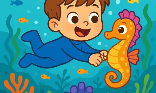 A 4-year-old boy named Oliver, with messy brown hair and sparkling curious eyes, joyfully swims underwater while holding the tail of a small seahorse. He wears a blue wetsuit that shines under the sunlight filtering through the water. His face expresses wonder and joy, with a big smile. Next to him is a seahorse named Sparkle, with shimmering scales and bright colors, swimming gracefully and showing friendship. She is small, with round friendly eyes, guiding Oliver in his underwater adventure. The setting is a magical underwater world filled with colorful corals, multicolored fish, and rays of light dancing through the clear water. Seaweed gently sways, creating a peaceful and enchanted atmosphere. The main scene shows Oliver and Sparkle exploring a beautiful coral garden, where Oliver discovers the beauty of the ocean and makes a wish to protect this wonderful place.