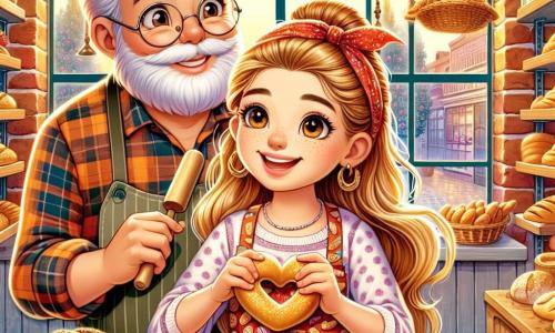 Ana, o fetiță de 10 ani cu păr blond strălucitor și ochi plini de bucurie, tremură de excitație în timp ce modelează un aluat de pâine în formă de inimă. Poartă un sort colorat cu modele de chifle și un zâmbet mare pe față, arătându-și pasiunea pentru brutărie. Lângă ea, bunicul ei, un bărbat în vârstă de aproximativ 65 de ani cu barbă albă și ochelari rotunzi, o observă cu mândrie. Poartă o cămașă cu carouri și un sort din piele, ținând o spatulă din lemn, pregătit să o ajute. Scena se desfășoară într-o brutărie tradițională fermecătoare, cu pereți din cărămidă roșie, rafturi din lemn pline de pâini aurii și prăjituri colorate. Aroma dulce a aluatului proaspăt copt umple aerul, creând o atmosferă caldă și primitoare. Ana și bunicul ei colaborează pentru a crea forme delicioase de pâine, împărtășind râsete și momente de complicitate, în timp ce copii curioși îi privesc cu uimire, nerăbdători să guste creațiile lor.