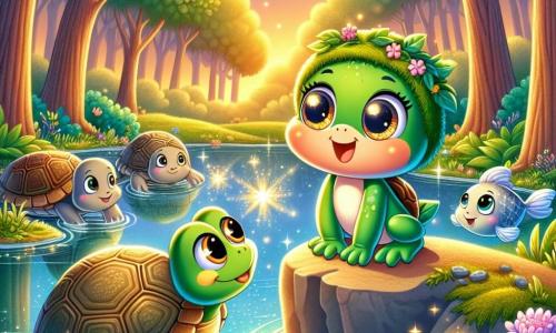 Una pequeña rana verde, llamada Pepita, con ojos brillantes y una sonrisa alegre, está al borde de un estanque reluciente, lista para saltar. Lleva una pequeña gorra de musgo y parece llena de energía y determinación. A su lado, una tortuga llamada Clara, con un caparazón marrón y ojos dulces, la mira con admiración, sentada sobre una gran roca. Un pez llamado Tobías, con escamas plateadas, nada alegremente en el agua clara, acercándose a Pepita con curiosidad. El lugar es un estanque mágico rodeado de grandes árboles con hojas doradas, donde flores coloridas flotan en el agua y luciérnagas bailan en el aire crepuscular. La situación principal muestra a Pepita, lista para partir en una aventura para recuperar la alegre luz perdida, con una expresión de valentía y emoción en su rostro.