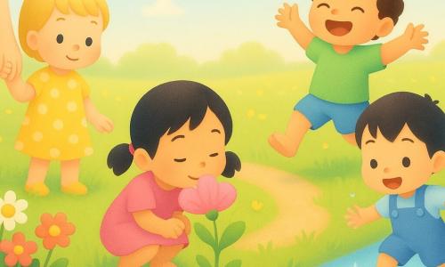 Ci sono quattro bambini di 2 anni: Anna, bionda con vestito giallo a pois, tiene la mano della mamma e guarda un vaso di fiori a sinistra; Luca, moro e ricci, con maglietta verde, ride e salta vicino a un ruscello a destra; Mei, con capelli neri a codini e vestito rosa, è accovacciata al centro a sentire un grande petalo; Tomo, capelli neri lisci e salopette blu, salta su una pietra nel ruscello a destra spruzzando gocce. Ambientazione: un prato primaverile soleggiato con erba verde, fiorellini gialli e rosa, sentiero di terra chiara, ruscello poco profondo e un vaso di terracotta a sinistra; cielo azzurro chiaro con qualche nuvola e luce dorata. Scena: i bambini esplorano la primavera tra risate, schizzi d'acqua, petali che sfiorano le dita e un'ape che sorvola, colori pastello e forme morbide adatte ai piccoli.