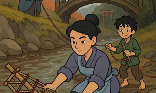 Adult woman (Aiko), determined calm face, soft features, fair skin, black hair in a practical bun, rolled sleeves and simple work clothes (shortened kimono and apron), gently placing a woven bamboo lattice into shallow water with muddy hands, focused and kind expression; boy (Haru, ~10), slim, messy black hair, shy but brave smile, holding a small bamboo flute in one hand and helping stretch a cord with the other, standing just behind Aiko on the bank; elderly woman (grandmother, ~75), small, stooped, wooden cane, wrinkled gentle face, standing slightly back on the higher bank watching with gratitude and relief; setting: bank of a Japanese mountain river with brown flowing water, wet smooth stones, soaked grasses and reeds, an old arched cedar bridge with worn planks and carved railings in the background, dark bamboo and a distant shrine torii under a late-autumn gray sky; main action: installing a 
