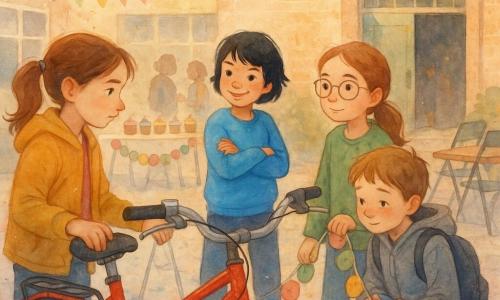 Four children: Mia, ~11, brown ponytail, mustard jacket, focused, left with her hand on a red bicycle; Zoe, ~11, short black hair, bright blue sweater, lively mischievous expression, center-right with arms crossed looking at the boy; Lina, ~10, tied light-brown hair, round glasses, green patterned shirt, calm and attentive, right slightly leaning toward the bike holding a garland; Jay, ~11, gray hood, backpack, shy flushed face, half-hidden behind folding chairs holding a roll of blue ribbon. Setting: a lively schoolyard fair with gray tiled ground, decorated tables, paper garlands and banners, open gym door and soft late-afternoon light. Main situation: a warm, reconciliatory moment around a shiny red bike with a silver bell, a half-hung decorative garland, paint splatters and glitter nearby, expressions moving from tension toward forgiveness and repair.