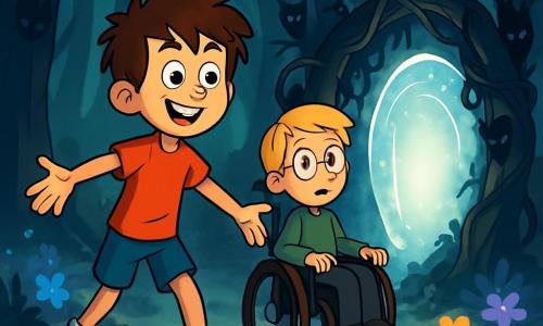 There are two main characters: Max, a 10-year-old boy with messy brown hair and sparkling curious eyes. He wears a red t-shirt and blue shorts, standing in front with arms spread wide and a big smile, ready to explore. Oliver, also 10, has blonde hair and round glasses. He sits in a wheelchair, dressed in a green sweatshirt and black pants, looking at Max with a mix of excitement and concern, hands resting on the armrests. The main setting is a mysterious clearing in the Whispering Forest, with tall dark trees and twisted branches forming a leafy canopy that lets silver rays of light through. Brightly colored luminescent flowers illuminate the ground, while a light mist floats around them, creating a magical yet slightly eerie atmosphere. The main situation shows Max and Oliver discovering a shimmering portal that suddenly appears before them, surrounded by dark vines and shadowy creatures watching them. Max, with a determined look, steps toward the portal, while Oliver, slightly behind, shows hesitation but also a glimmer of adventure on his face.