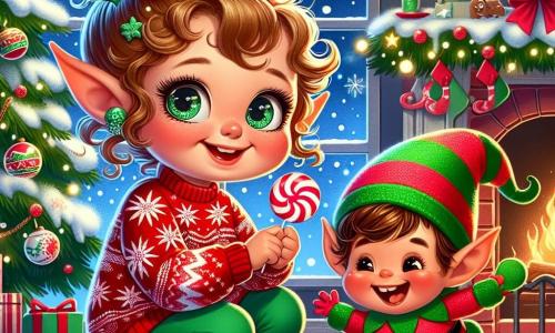 A 4-year-old girl with big bright eyes and curly hair smiles in wonder. She is wearing a red sweater with snowflakes and green leggings. She is crouched next to a sparkling Christmas tree, holding a candy cane in her small hands. Next to her, a mischievous elf with green skin, a red pointed hat, and pointy ears laughs joyfully. He is dressed in a colorful costume with jingling bells. Their surroundings are a cozy living room decorated for Christmas, with a large illuminated tree, twinkling garlands, and stockings hung by the fireplace. Snowflakes gently fall outside through a window. The girl and the elf are having fun hiding candies and decorating the room with festive accessories, creating a joyful and playful atmosphere.