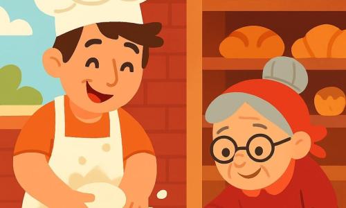 A cheerful man, Mr. Paul, wearing a large white hat and a warm smile, is kneading bread dough in his bakery. He has slightly tousled brown hair and wears a white apron dusted with flour, his hands covered in dough. Next to him, a small girl, Grandma Rose, around 70 years old, with gray hair in a bun and a red scarf, helps him shape golden baguettes. She is leaning over a wooden table, smiling and focused. The bakery is charming, with red brick walls, wooden shelves filled with bread and pastries, and a large window letting in morning light, illuminating the scene. In this illustration, Mr. Paul and Grandma Rose are working together to create delicious baguettes, surrounded by a cloud of flour and a warm, welcoming atmosphere.