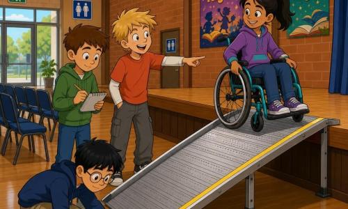 There are four children: Milo, an ~11-year-old boy with short brown hair and a shy but attentive face, standing slightly left of center with a notebook and pencil, watching the ramp and taking notes; Jay, an ~11-year-old blond boy with messy hair, energetic, to Milo’s right, smiling and pointing at the ramp as if joking; Theo, an ~11-year-old boy with black hair and round glasses, focused and crouched beside Milo measuring the ramp angle with a tape measure; Alina, an ~11-year-old girl with a ponytail in a turquoise wheelchair, positioned on the ramp leading to the stage, hands on the wheels and smiling confidently. The setting is a large indoor community hall with high ceiling, warm lighting, shiny wooden floor, raised wooden stage at the back, exposed brick walls, colorful “Story Night” posters, and a glass entry door visible; a portable metal ramp with a yellow safety strip is installed against the stage, chairs are lined up with clear aisles, signs mark the door and restrooms, and the mood is collaborative and supportive.