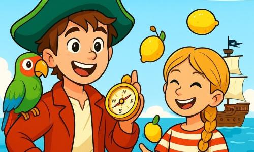 A young man, Captain Finn, with messy brown hair and a large green hat, smiles enthusiastically while holding a golden compass. His eyes sparkle with excitement and determination. Next to him, a girl named Molly, about 10 years old, with braided blonde hair and a mischievous smile, juggles lemons, her eyes shining with joy. A colorful parrot, Patch, perches on Finn's shoulder, looking at the scene with curiosity. The setting is a calm sea under a bright blue sky, with the pirate ship, the Merry Gull, gently floating on the sparkling waves. In the background, a lush island with palm trees and rocks can be seen. The main scene shows Finn and Molly, surrounded by their crew, celebrating their victory after crossing the Singing Reef, laughing and sharing sea biscuits while admiring the landscape.