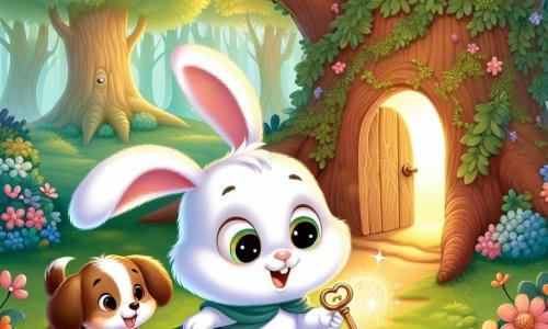 Un iepuraș alb pe nume Pufi, cu ochi mari și strălucitori și urechi lungi, privește cu uimire o cheie strălucitoare în lăbuța sa. Pufi are un zâmbet curios și entuziast, stând pe iarbă verde, înconjurat de flori colorate. Alături de el, o cățelușă jucăușă, cu blană maronie, se uită la Pufi cu ochi plini de surpriză. În fundal, un copac mare are o ușiță mică deschisă, emanând o lumină caldă. Pufi și cățelușa se pregătesc să descopere aventura din interiorul copacului, plini de curiozitate.