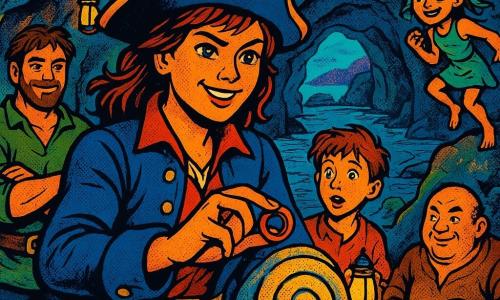 The main character is Captain Mara Quill, determined-faced and smiling, auburn hair under a captain's hat, placing a copper ring on a spiraled Anchorstone; behind her left stands Boone, about 35, broad-shouldered with a mischievous smile and protective gaze, to her right a curious, freckled 14-year-old Saff holds a lit lantern, nearby grumpy but secretly joyful Jory (about 40) sits on a rock with a cast-iron pan, and Lark, a 10-year-old sea-girl with seaweed-green hair and amber eyes, perches playfully on a stone; the coastal cave glows with lanterns and crystals, mossy wet walls and shells, a floating spiral stone calms the shifting island as warm light, saturated colors, bold silhouettes and thick black pop-art outlines emphasize a triumphant, peaceful moment.
