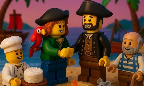 A young pirate woman, Captain Molly, smiling and determined with curly red hair, green jacket and blue pants, shakes hands on a golden-sand beach with Captain Black Patch, a tall man in a wide black hat with a short beard and a gold tooth, both friendly and surprised; left of Molly the plump cook Benny in a stained white apron places a coconut cake on a low wooden table; nearby Old Peg, an older man with a wooden leg and striped jacket, stands by the bow of a beached small boat holding a rope and watching contentedly; Felix the colorful parrot (red, blue, yellow) perches on Molly’s shoulder with wings half-spread and a mischievous look; Seamus the small grey mouse stands on a wooden crate holding a tiny white flag at Molly’s feet; setting at dusk with leaning palm trees, two colorful wooden boats side by side, a small campfire and a wooden table with cups and tropical fruit under a purple-pink sky with a bright North Star; scene: two pirate crews united, warm peaceful atmosphere, smiles and laughter, the handshake symbolizing a pact of friendship, soft firelight and silvery starlight, LEGO diorama style with vivid colors, clean shapes and visible brick details.