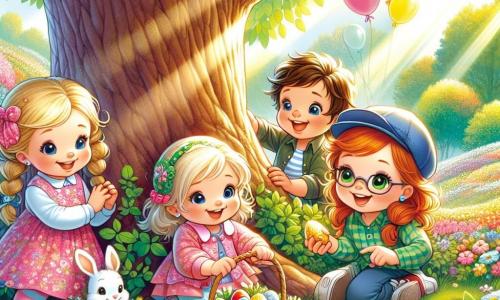 In einem sonnigen Park versammeln sich vier Kinder um einen großen Baum. Links steht Lilly, ein 8-jähriges Mädchen mit blonden Zöpfen in einem rosa Blumenkleid, das fröhlich lächelt. Neben ihr hockt Mia, ein 7-jähriges Mädchen mit braunen Haaren und Brille, das einen kleinen Korb mit bunten Eiern untersucht. Rechts hält Emma, ein 8-jähriges Mädchen mit roten Haaren und Zöpfen, ein goldenes Schokoladenei und schaut erstaunt. Schließlich zeigt Ben, ein 9-jähriger Junge mit braunen Haaren und blauer Mütze, auf ein kleines weißes Kaninchen, das sich hinter dem Baum versteckt und sie neugierig beobachtet. Der Park ist voller leuchtender Blumen, großer grüner Bäume und Sonnenstrahlen, die durch die Blätter scheinen. Bunte Ballons schweben in der Luft, und dekorierte Ostereier liegen auf dem Gras. Die Kinder sind auf der Suche nach dem großen goldenen Osterei und haben gerade ein kleines Kaninchen entdeckt, das sie zu einem versteckten Schatz unter dem majestätischen Baum führt.
