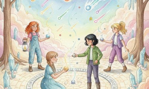 Hay 4 niñas: Celia, 10 años, trenzas castañas claras, vestido azul celeste manchado de polvo de estrellas, arrodillada a la izquierda sosteniendo una baya dorada que emite leve resplandor; Lucía, 10 años, pelo negro corto, chaqueta verde y botas embarradas, a la derecha tendiendo la mano para poner una baya plateada en el círculo; Marta, 9 años, pelo rizado rojo, peto con lunas, con linterna de vidrio atrás a la izquierda, sosteniendo una baya azul como una pequeña luna; Carla, 10 años, coleta rubia y pantalones violeta, atrás a la derecha colocando la última baya estrellada en el centro del círculo. Lugar: un refugio flotante de cometas sobre un cielo irisado, islas de nubes rosas y doradas, árboles cristalinos de troncos translúcidos y raíces flotantes; en el suelo, un claro circular pavimentado con piedras luminosas alrededor de un anillo grabado con runas, y arriba cientos de cometas multicolores con largas colas fosforescentes. Situación: las cuatro niñas, reunidas en el círculo de piedras, depositan bayas luminosas (oro, plata, azul, estrellada); filamentos de luz ascienden, despertando cometas que recobran color y movimiento, con polvo de estrellas y reflejos acuarelados por doquier.
