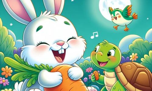 Un adorabile coniglio di nome Bobo, con pelo bianco e grandi orecchie rosa, sorride mentre tiene una carota gigante tra le zampe. Accanto a lui, una tartaruga verde e marrone di nome Tina, con un'espressione felice, mangia una carota seduta sull'erba. Un uccellino colorato di nome Pino, con piume blu e gialle, vola sopra di loro, cantando allegramente. La scena si svolge in un giardino incantevole, pieno di fiori colorati e alberi verdi, con la luna che brilla nel cielo notturno. Bobo e i suoi amici si divertono mentre cercano carote giganti e ridono insieme sotto la luce della luna.