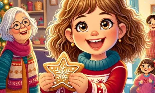 Una ragazza di 9 anni, Chiara, con capelli ricci castani e occhi scintillanti di gioia, si trova al centro della scena, con un grande sorriso che illumina il suo viso. Indossa un maglione rosso con motivi di fiocchi di neve e tiene un biscotto a forma di stella nella mano, pronta a regalarlo a sua nonna. Accanto a lei, sua nonna Rosa, una donna di circa 70 anni con capelli argentati e occhiali rotondi, è meravigliata dalla sorpresa. Indossa un scialle colorato e ha gli occhi brillanti di felicità, guardando le decorazioni natalizie intorno a lei. Sullo sfondo, tre amici di Chiara – Marco, un ragazzo di 10 anni con capelli biondi arruffati, Sofia, una ragazza di 9 anni con capelli lunghi e lisci, e Luca, un ragazzo di 9 anni con occhiali e un sorriso malizioso – ridono e preparano decorazioni di carta. La scena si svolge in un salotto accogliente, decorato con un grande albero di Natale scintillante, pieno di luci e palline colorate. Fiocchi di neve cadono dolcemente fuori dalle finestre, creando un'atmosfera magica e festosa. Chiara e i suoi amici hanno organizzato una festa a sorpresa per la nonna Rosa, e l'espressione di gioia sul suo viso mostra quanto questo momento sia speciale e pieno d'amore.