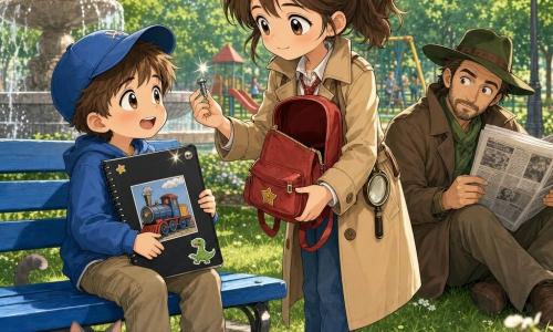 La protagonista es una niña detective de unos 10 años, rostro redondo, coleta castaña, mirada curiosa y expresión dulce; sonríe ligeramente y entrega una pequeña mochila roja abierta mientras sostiene un tornillo brillante que encaja en la cubierta de una carpeta. A la izquierda, Leo, un niño de unos 7 años con gorra azul y mejillas sonrosadas, está sentado en un banco azul sosteniendo una carpeta negra con un dibujo de tren, un adhesivo de dinosaurio y el nombre 