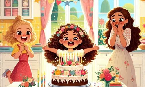 Al centro dell'immagine, Chiara, una ragazza di dieci anni con i capelli ricci e un grande sorriso, si trova davanti a un tavolo decorato, con le braccia aperte, piena di entusiasmo. Alla sua destra, Sara, la sua migliore amica, anch'essa di dieci anni, con i capelli lisci e un vestito colorato, guarda il tavolo con occhi sbarrati, tenendo un mazzo di fiori tra le mani. A sinistra, la mamma di Chiara, una donna dolce di circa trentacinque anni, con i capelli lunghi e castani, indossa un vestito leggero e sorride emozionata scoprendo la sorpresa. Il tutto si svolge in una cucina accogliente, illuminata, con pareti dipinte di giallo pastello e finestre decorate con tende colorate. Sul tavolo, una magnifica torta magica, decorata con fiori scintillanti e candele a forma di stelle, è al centro, circondata da palloncini colorati e festoni di carta. La scena principale mostra Chiara e Sara che celebrano la festa della mamma, in un'atmosfera gioiosa e festosa, mentre la mamma di Chiara scopre la sorpresa preparata con amore dalla figlia e dalla sua amica.