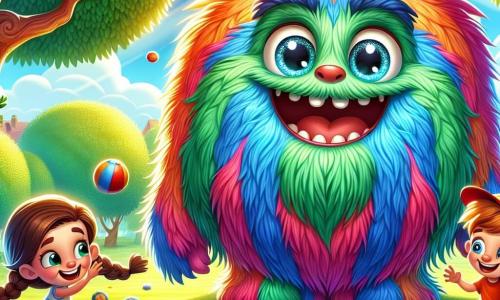 Um grande monstro chamado Monstrico, com pelagem colorida e fofinha, olhos redondos e brilhantes como estrelas, está no centro da imagem, sorrindo com alegria e um ar amigável. Ele está jogando bola com crianças. À sua direita, uma menina com cabelos castanhos trançados, de cerca de 8 anos, ri alto, segurando uma bola nas mãos. À sua esquerda, um menino de 7 anos usando um chapéu vermelho, com olhos brilhando de curiosidade, está prestes a lançar outra bola em direção a Monstrico. O cenário é um parque verdejante, cheio de flores coloridas e árvores majestosas, sob um céu azul radiante. Raios de sol filtram-se pelas folhas, criando uma atmosfera alegre e acolhedora. A cena principal mostra Monstrico jogando bola com as crianças, ilustrando a magia da amizade e a alegria de compartilhar momentos juntos.