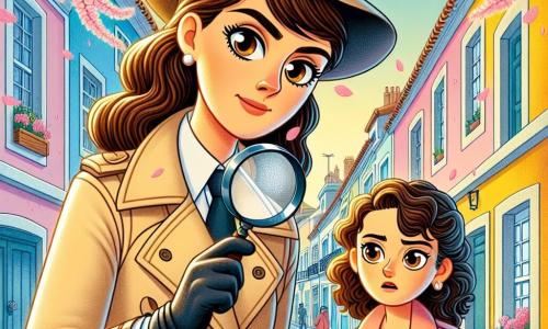 Clara Mendes, uma detetive de cerca de trinta anos, está no centro da imagem, com um olhar determinado e curioso. Ela usa um trench coat bege, um chapéu preto e segura uma lupa na mão direita, examinando atentamente uma pegada no chão. Seus cabelos castanhos estão presos em um rabo de cavalo, e seus olhos brilham de excitação. Ao lado dela, Mariana, uma mulher de aproximadamente 25 anos, com cabelos cacheados e um sorriso caloroso, observa Clara com uma expressão de preocupação. Ela usa um suéter colorido e segura um pequeno caderno, pronta para anotar. Ao fundo, o bairro das Cerejeiras é representado com suas casas de fachadas pastel, cerejeiras em flor com pétalas rosas flutuando no ar, e ruas pavimentadas brilhantes após a chuva. Cortinas de janelas estão puxadas, deixando entrever silhuetas curiosas. A cena mostra Clara e Mariana em plena investigação, examinando os indícios deixados por um misterioso ladrão neste bairro tranquilo. As cores vibrantes e os detalhes lúdicos tornam a atmosfera intrigante e cativante, adequada para crianças.
