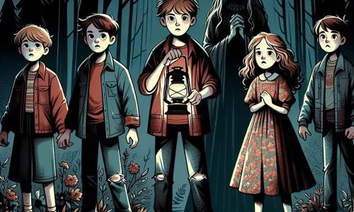 Într-o pădure întunecată și misterioasă, cinci copii stau împreună, fețele lor fiind iluminate de lumina unei vechi lămpi cu ulei. **Alex**, un băiat de 12 ani cu părul castaniu și ochi curioși, este în centru, ținând lampa. **Maria**, o fată de 11 ani cu părul lung și blond, are o expresie îngrijorată și se află lângă el, învârtind o șuviță de păr în jurul degetului. **Daniel**, un băiat de 12 ani cu părul șaten și ochelari, stă puțin înapoi, cu brațele încrucișate, având o expresie nervoasă. **Andreea**, o fată de 10 ani cu părul creț și un zâmbet timid, este puțin în față, privind în jur cu ochii mari. **Bătrâna**, misterioasă și înțeleaptă, cu părul gri și o rochie lungă, stă în fața lor, cu mâinile împreunate, ca și cum le-ar vorbi despre un secret vechi. Scena se desfășoară într-o poiană întunecată, înconjurată de copaci cu trunchiuri noduroase, iar lumina lunii filtrează prin frunzișul dens, creând umbre inquietante pe sol. Copiii, deși speriați, sunt captivați de prezența bătrânei, care pare să le dezvăluie un mister vechi despre pădure, în timp ce șoapte ciudate plutesc în aer, adăugând o atmosferă de suspans și magie.