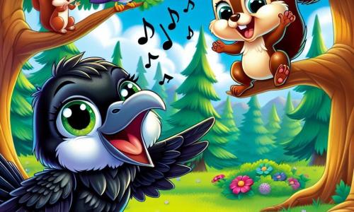 A raven named Cora, with shiny black feathers and sparkling eyes, stands on a tree branch, joyfully singing with a radiant smile on her face. Nearby, a small squirrel named Sammy, with brown fur and bright eyes, jumps with excitement, paws raised, encouraged by Cora's beautiful voice. In the background, a lush forest stretches out, with majestic trees, colorful flowers dancing to the music, and a bright blue sky dotted with fluffy white clouds. The scene depicts Cora singing for the forest talent show, surrounded by her animal friends who listen in wonder, creating an atmosphere of joy and camaraderie.