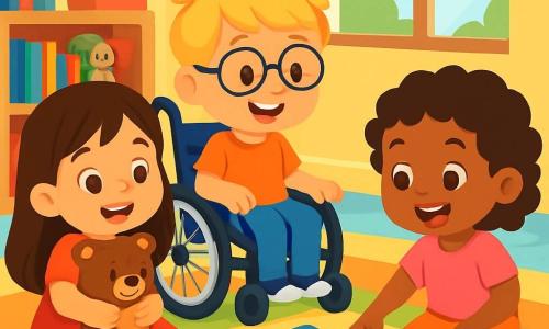 A 4-year-old girl with long brown hair and sparkling eyes is sitting on a soft, colorful rug, a big smile on her face. She holds a fluffy teddy bear in her arms, her gaze filled with joy and curiosity. Next to her, a 4-year-old boy with blonde hair and glasses is in a wheelchair with shiny wheels. He is also smiling, his eyes bright with excitement as he touches a puzzle featuring a moon. A 4-year-old girl with curly hair and a pink t-shirt sits across from them, pointing at a puzzle piece, her face radiating enthusiasm. The setting is a bright classroom with soft yellow walls, sunlight streaming through the windows, and shelves filled with colorful books and toys. In the background, a cozy corner is decorated with soft cushions and rugs, creating a welcoming atmosphere. The main scene shows the three children playing together, gathered around a puzzle, laughing and exchanging sweet words, creating a moment of connection and shared happiness.