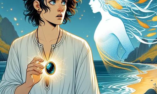 A young man named Amaru, about 18 years old, stands on a golden sandy beach, his face marked by wonder and determination. He has long, tousled black hair and wears a simple, slightly wrinkled linen tunic. In his hand, he holds an obsidian and gold medallion, shining with a mysterious light. Beside him, an ethereal figure, a luminous spirit wrapped in mist and white feathers, floats in the air. This spirit has deep blue eyes, reflecting the sky, and a gentle, wise face. It speaks to Amaru with an encouraging expression, as if revealing an ancient secret. The setting is an isolated beach lined with moss-covered rocks and wildflowers, with sparkling waves lapping at the shore. In the distance, mysterious islands emerge on the horizon, shrouded in mist, while brightly colored serpents of sky twist through the air. The main scene shows Amaru, dazzled and determined, ready to respond to the spirit's call, as the wind gently lifts the spirit's veils, creating a magical atmosphere full of promise.