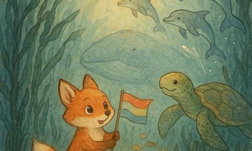 Een kleine roodbruine zeefloor genaamd Vinnie, verwonderd en moedig, met zacht pelsje en ronde ogen, plant een klein kleurig vlaggetje in een dicht kelpwoud; een wijze, glimlachende zeeschildpad Timo met een groen-bruingouden mozaïekpantser zwemt vlak achter hem en begeleidt hem rustig; drie speelse grijze dolfijnen springen rechts iets boven de vos in glinsterende waterbogen; op de achtergrond een vriendelijke blauwgrijs gevlekte walvis werpt een zacht halo-licht vanuit een zeegrot; lange donkergroene kelpbladeren, gouden zonnestralen, kleurrijke kleine vissen en zeesterren op het zand vormen de scène van een rustig triomfantelijk moment waarin de laatste vlag wordt geplant en magisch licht het gevoel van verwondering versterkt, met warme kleuren en zachte contrasten, compositie gecentreerd op Vinnie omringd door zijn vrienden.
