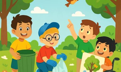 Er zijn 4 kinderen: Sam, een 8-jarig meisje met bruin haar en een grote glimlach, in een felgele t-shirt en blauwe shorts, staat rechtop met een grote vuilnisbak om afval op te rapen. Tom, een 9-jarige jongen met een blauwe pet en een bril, heeft blond haar en draagt een rode t-shirt, hij zit op zijn hurken en raapt een stuk plastic op met handschoenen. Max, een 7-jarige jongen met kastanjebruin haar en sproeten, draagt een groene t-shirt en beige broek, hij staat en wijst naar een vogel die boven hen vliegt met een verwonderde blik. Léo, een 8-jarige jongen in een rolstoel met zwart haar en een blije glimlach, draagt een oranje t-shirt en shorts, staat naast Sam en houdt een mooie kleurrijke banner vast met een tekening van een boom en vogels. De locatie is een groene park, vol majestueuze bomen met heldergroene bladeren, kleurrijke bloemen die dansen in de wind, en een heldere blauwe lucht met donzige witte wolken. De grond is bezaaid met afval, maar de kinderen werken samen om het schoon te maken, wat een sfeer van kameraadschap en hoop creëert. De belangrijkste situatie toont de kinderen in actie, glimlachend en vastberaden, terwijl ze afval oprapen om het park mooier te maken. Vogels vliegen om hen heen en het zonlicht verlicht de scène, wat de vreugde symboliseert van het behoud van de natuur.