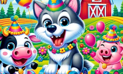 A joyful wolf with gray fur and sparkling eyes, wearing a small party hat, stands in the center of the scene, laughing and jumping with joy. To his right, a laughing cow with colorful wheels on its legs, wearing a flower necklace, is doing pirouettes. To his left, a pink pig with a balloon-shaped hat, bursting with laughter, is standing on its hind legs. In the background, a large red barn stands under a clear blue sky, surrounded by green fields and colorful flowers. The scene depicts the animals ready for a fun race, with bright smiles and a festive atmosphere.