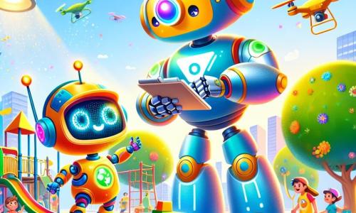 Un pequeño robot colorido, con ojos brillantes en forma de faros y un cuerpo metálico de tonos vivos, expresa gran curiosidad y entusiasmo. Transporta bloques de plástico reciclado, sonriendo mientras ayuda a construir un espacio de juegos en el parque. A su lado, un robot más grande, con una silueta esbelta y brazos articulados, observa con orgullo, sus ojos brillando de admiración. Es un ingeniero, vestido de azul y blanco, que toma notas en un pequeño cuaderno, planeando los próximos pasos de la construcción. El lugar es un parque central de Neotrópolis, lleno de flores coloridas y grandes árboles con hojas brillantes, bajo un cielo soleado donde flotan drones coloridos. Niños ríen y juegan alrededor, añadiendo a la atmósfera alegre y dinámica. La situación principal muestra al pequeño robot y al ingeniero colaborando con otros robots para crear un espacio de juegos innovador, simbolizando la unidad y el entusiasmo por un futuro sostenible.