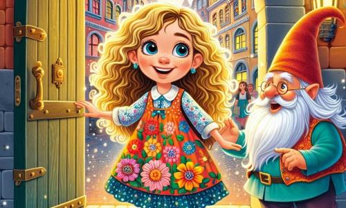 Uma menina de 8 anos, Lúcia, com cabelos cacheados e dourados, usa um vestido colorido decorado com padrões de flores. Ela tem um grande sorriso maravilhado no rosto, com os olhos brilhando de curiosidade, enquanto está diante de um velho edifício misterioso com uma porta de madeira entreaberta. Ao seu lado, um gnomo chamado Grunf, com cerca de 50 anos, uma longa barba branca e um chapéu pontudo, sorri alegremente enquanto aponta para a porta, como se a estivesse convidando a entrar. O local é uma rua movimentada da cidade, cheia de edifícios antigos com janelas em arco e calçadas brilhantes sob o sol, criando uma atmosfera mágica e acolhedora. A cena principal mostra Lúcia pronta para entrar no edifício misterioso, animada pela promessa de aventuras fantásticas que a aguardam do outro lado da porta.