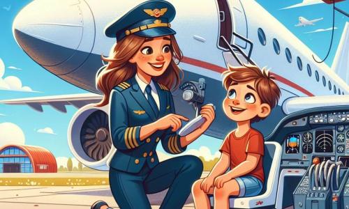 Ana, o femeie pilot zâmbitoare, stă lângă avionul ei mare alb, cu margini ascuțite și aripi mărețe. Ea poartă o combinație de pilot bleu marin și o cască, iar părul ei brun flutură ușor în vânt. Fața ei exprimă bucurie și entuziasm, în timp ce îl privește pe prietenul ei tânăr, Andrei, cu ochii strălucitori. Andrei, un băiat de 8 ani cu părul castaniu și ochi strălucitori, stă în cockpitul avionului, uimit de instrumentele de zbor. El poartă un tricou roșu și o pereche de pantaloni scurți, iar zâmbetul său arată cât de încântat este să fie acolo. Scena are loc pe un aeroport însorit, cu un cer albastru deschis și câteva nori pufoși albi. În fundal, se pot vedea alte avioane parcate și hangare colorate, creând o atmosferă dinamică și vie. Ana îi explică lui Andrei cum funcționează avionul, iar el o ascultă atent, cu ochii mari de uimire. Ei împărtășesc un moment de complicitate și vis, înconjurați de magia lumii aviației.