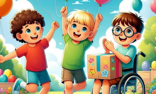 Três meninos, com cerca de 8 anos, estão no centro de um jardim ensolarado. **Pedrinho**, com cabelos castanhos e cacheados, usa uma camiseta vermelha e um short azul, sorrindo enquanto segura uma grande caixa de papelão decorada com desenhos coloridos. **João**, com cabelos loiros e lisos, veste uma camiseta verde e uma calça bege, pulando de alegria ao lado de Pedrinho, com os braços levantados. **Miguel**, com cabelos castanhos e óculos, está sentado em sua cadeira de rodas, vestindo uma camiseta azul clara e um short preto, aplaudindo com um grande sorriso e os olhos brilhando de excitação. O jardim está cheio de flores coloridas, árvores frondosas e grama verde, sob um céu azul radiante. Balões coloridos flutuam ao redor deles, adicionando um toque festivo à cena. Os três amigos tentam fazer a caixa de papelão, cheia de balões de festa, decolar, em uma aventura cheia de risadas e desafios impossíveis. Eles pulam ao redor da caixa, esperando que ela suba aos céus, criando uma atmosfera alegre e cheia de imaginação.