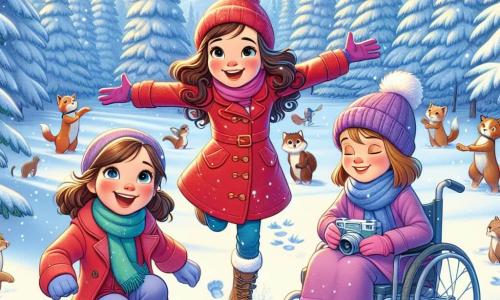 Tre ragazze sono in primo piano: Sofia, una bambina di 10 anni con capelli ricci castani, indossa un cappotto rosso vivo e un berretto abbinato, salta nella neve con le braccia aperte e un grande sorriso; Giulia, una bambina di 10 anni con capelli biondi lisci, indossa una sciarpa blu e guanti rosa, è accovacciata con una macchina fotografica pronta a scattare foto agli animali; Beatrice, una bambina di 10 anni con capelli castani legati in coda di cavallo, è seduta nella sua sedia a rotelle, indossa un cappotto viola e sorride alle sue amiche, circondata da fiocchi di neve che cadono dolcemente. Lo sfondo è un bellissimo bosco in inverno, con alberi maestosi coperti di neve scintillante e un terreno ricoperto da uno spesso strato di neve immacolata. Il cielo è azzurro chiaro con nuvole bianche e soffici. Le tre amiche esplorano, meravigliate dalla bellezza dell'inverno, mentre un gruppo di coniglietti bianchi gioca nelle vicinanze, aggiungendo un tocco di magia alla scena.