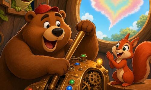 Benny, a large soft brown bear wearing a small red cap, grinning with wonder, pulls a long shiny wooden lever on a retro brass-and-wood machine; Squeaky, a red squirrel with bright round eyes, perches on a table to Benny’s right, smiling and clapping; Fergus, an old green frog with textured skin and round glasses, watches from a small open window behind the machine; the machine has colorful buttons, exposed gears and little lights on a carved wooden base; behind them a round window in the Great Oak trunk shows a pastel heart-shaped cloud with a faint rainbow; bright, warm, comic mood, saturated colors, soft textures, bold black outlines, mid-shot, childlike whimsical style.