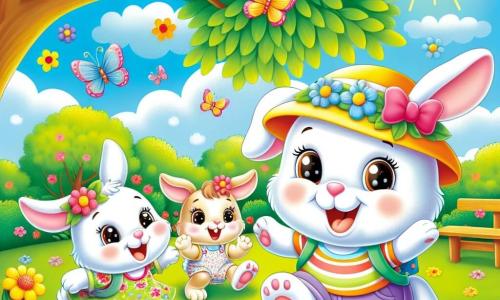 Benny Bunny, a small rabbit with big ears and soft white fur, wears a colorful hat and a small backpack. He has a big joyful smile on his face, hopping in the bright green grass. Next to him is his sister Floppy, another small rabbit with brown spots and sparkling eyes, laughing while playing tag. She wears a flower dress and looks excited. Their mother, a gentle and affectionate rabbit with beige fur, watches them with a proud smile, sitting on a wooden bench under a large leafy tree providing shade. The scene takes place at an outdoor summer camp, surrounded by colorful flowers, fluttering butterflies, and a bright blue sky. In the center, the little rabbits play joyfully, filled with energy and happiness, enjoying a beautiful sunny summer day.