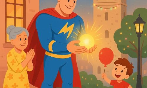 A tall, strong man, Captain Zippy, smiling and focused in a bright blue costume with yellow zigzag stripes, a red cape and shiny boots gently holds a small golden glowing sphere to revive it; nearby Mrs. Lemon, about 60 with grey hair in a bun and a yellow floral dress, applauds by a window, and a 6-year-old boy with brown hair and a red T-shirt jumps with a red balloon in wonder near the base of a tall light-stone clock tower whose round dial and black hands watch as colored lights fade; the revived energy orb sends soft sparkling rays to the street lamps, illuminating facades and making the townspeople smile—centered composition, warm colors, clear silhouettes and simple shapes for toddlers.