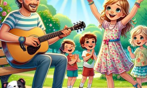 Max, ein Mann in den Dreißigern mit braunen Haaren und einem leichten Bart, lächelt fröhlich, während er Gitarre spielt. Er trägt ein farbenfrohes T-Shirt und eine Jeans, sitzt auf einer Bank in einem sonnigen Park, umgeben von leuchtenden Blumen. Neben ihm tanzt Lila, ein 8-jähriges Mädchen mit blonden Haaren und runden Brillen, im Rhythmus, ihre Arme zum Himmel erhoben. Sie trägt ein Blumenkleid und Sandalen, strahlend vor Glück. Tim, ein 7-jähriger Junge mit braunen Haaren und Sommersprossen, sitzt auf dem Gras und klatscht im Takt, mit einem breiten Lächeln im Gesicht. Ben, ein weiterer 9-jähriger Junge, steht mit einem Frisbee in der Hand, bereit zum Spielen, seine schwarzen Haare wehen im Wind. Der Ort ist ein grüner Park, gefüllt mit majestätischen Bäumen, bunten Blumen und einem strahlend blauen Himmel. Vögel singen in den Ästen und Kinder spielen in der Ferne. Die Hauptsituation zeigt Max und die Kinder, die zusammen ein Lied kreieren, ihre Gesichter erleuchtet von der Freude, Musik und Freundschaft zu teilen, während die Melodie in der frischen Morgenluft erklingt.