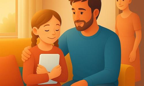 Bambina di 8 anni, viso rotondo e lentiggini, capelli castano chiaro in due trecce, sorriso sereno e occhi brillanti, seduta su un divano in tessuto color senape con un piccolo caricatore bianco per tablet stretto al petto; padre circa 35 anni, barba corta, capelli bruni spettinati, abbigliamento casual (maglione blu e jeans), luminoso e premuroso, seduto accanto a lei con una mano protettiva sulla spalla; madre circa 34 anni, capelli biondi raccolti in uno chignon, vestito pesca, apre una porta dietro il divano e sorride leggermente ritirata come appena rientrata per salutare; interno: soggiorno caldo e moderno, pareti crema, cuscini colorati, tavolino in legno chiaro con tazza di tè e libro, luce dorata della sera che entra da una grande finestra, illustrazione nitida e texture morbide; situazione principale: momento tenero in cui la bambina si sente sicura nonostante le due case, abbraccio calmo con il padre mentre la madre entra, atmosfera rassicurante e luminosa.