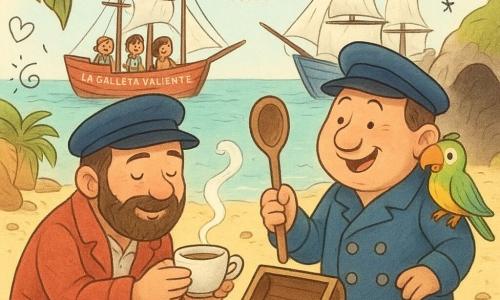 Un hombre — el capitán Bruno — sonriente y sereno, barba suave, chaqueta roja algo gastada y sombrero marinero ladeado, está agachado junto a una pequeña caja abierta sosteniendo una taza de té humeante; el otro, el capitán Roco, su antiguo rival y ahora amigo de unos cincuenta años, rostro redondo y nariz respingona, chaqueta azul, ríe suavemente y sostiene una gran cuchara de madera, con un pequeño loro verde y amarillo posado en su hombro que mira las tazas aleteando; al fondo, dos barcos de madera amarrados, uno rojo llamado La Galleta Valiente y otro azul con grandes velas blancas, y marineros jóvenes (unos 12 años) sonrientes en las cubiertas; lugar: una pequeña playa dorada en forma de tortuga con palmeras de troncos curvados, una cueva bordeada de piedras lisas y brillantes, algunas cocos en la arena, mar turquesa y cielo en tonos pastel; momento cálido y tranquilo centrado en las tazas y las manos acercándose, con colores cálidos y expresiones amables.