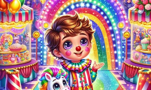 Ein 10-jähriger Junge namens Finn mit zerzausten braunen Haaren und neugierigen, funkelnden Augen steht im Mittelpunkt der Szene. Er trägt ein buntes Clownskostüm mit bunten Punkten und einer großen roten Nase und zeigt ein erstauntes Lächeln. Neben ihm steht ein kleines, glitzerndes und fröhliches Einhorn mit einer Regenbogenmähne, das eine süße kleine Zirkusmütze trägt und ihn anscheinend zu einem Abenteuer einlädt. Die Kulisse ist ein leuchtender Karneval, gefüllt mit funkelnden Lichtern, bunten Ballons, die in der Luft schweben, und strahlenden Blumenketten. Im Hintergrund tanzen Stände mit Süßigkeiten, sich drehende Fahrgeschäfte und Menschen in festlichen Kostümen fröhlich. Die Hauptsituation zeigt Finn und das Einhorn, die sich darauf vorbereiten, zwischen drei zauberhaften Wegen zu wählen: einem leuchtenden Regenbogentunnel, einem Labyrinth aus bunten Ballons und einer süßen Zuckerstangenbrücke, die in den Himmel führt. Finns Ausdruck ist sowohl aufgeregt als auch neugierig, während er die magischen Wege betrachtet, die ihm offenstehen.