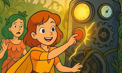 Zonne, een jonge vrouw (±20), moedig en glimlachend, met een rond gezicht en heldere ogen, in een geel-oranje kostuum met lichte cape, strekt haar hand naar een grote glanzende machine en drukt op een grote rode knop; Flora, een volwassen vrouw (±30), bezorgd maar opgelucht, met groen haar versierd met bladeren en een jurk van bloemblaadjes, staat links achter de machine met opgeheven handen om te helpen; in een grote koepelserre van gerookt glas groeien reusachtige planten met dikke bladeren, enorme bloemen en hangende lianen rond aarde bevlekte metalen tandwielen; de centrale machine is van gepolijst metaal met verlichte wijzers en draaiende grote tandwielen, omwikkeld met wortels maar met lichtstralen zodra Zonne op de knop drukt; situatie: Zonne stopt de machine, de lianen trekken zich langzaam terug, een gouden licht verlicht de scène, sfeer van opluchting en magie, eenvoudige vrolijke stijl, felle kleuren en duidelijke contouren.